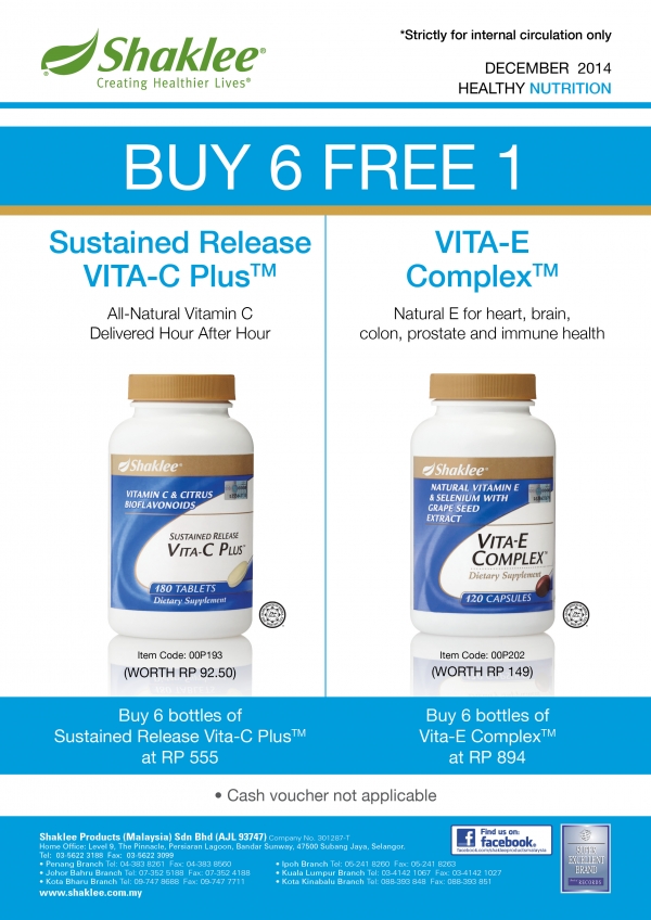 Promosi Shaklee Disember 2014 Vitamin C 500mg Sustained Release dan Vitamin E beli 6 free 1 beli 6 dapat 7